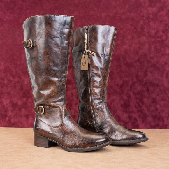 Born Wmn Gibb Distress Brown Leather Wide Calf Riding Equestrian Knee Boots sz 8 - Picture 1 of 10